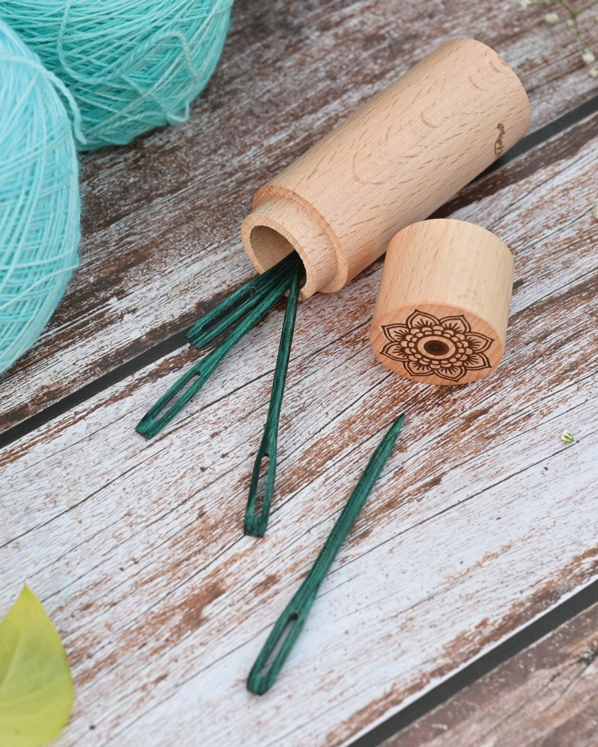 KnitPro The Mindful Collection Teal Wooden Darning Needles in Wooden Container